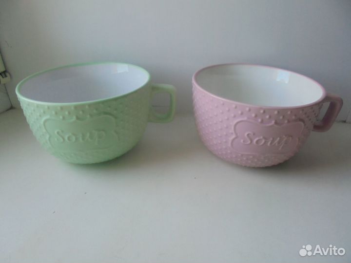 Наб 6 шт керам бульон с ручкой 570 мл розов/салатн