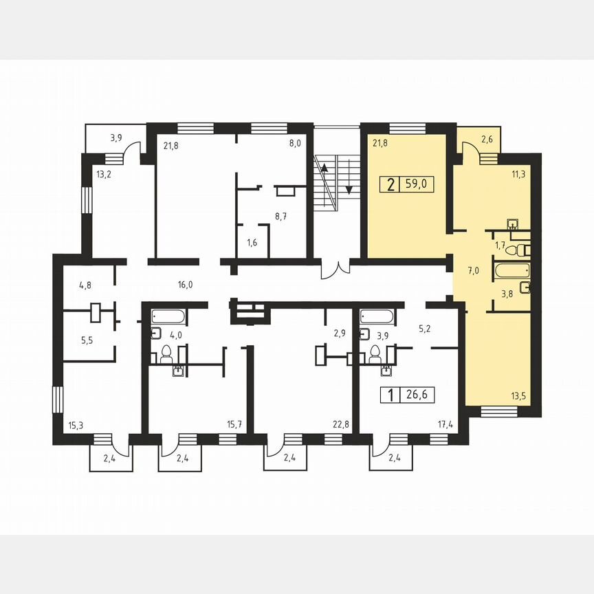 2-к. квартира, 59 м², 3/3 эт.