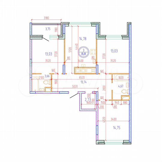 3-к. квартира, 85,1 м², 16/17 эт.