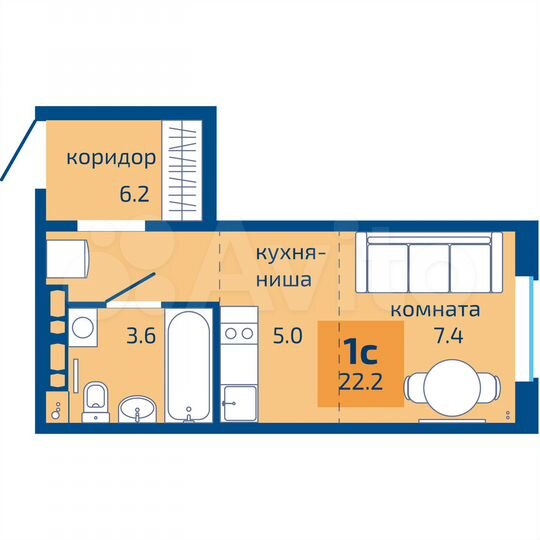 Квартира-студия, 22,2 м², 9/10 эт.