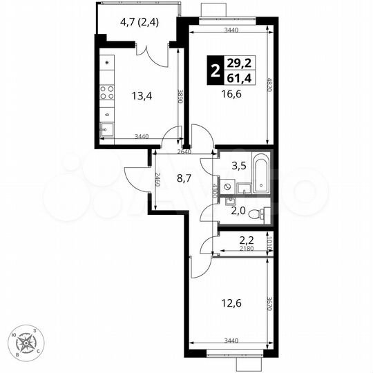2-к. квартира, 61,4 м², 11/17 эт.
