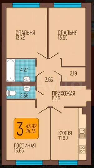 3-к. квартира, 75,2 м², 1/6 эт.
