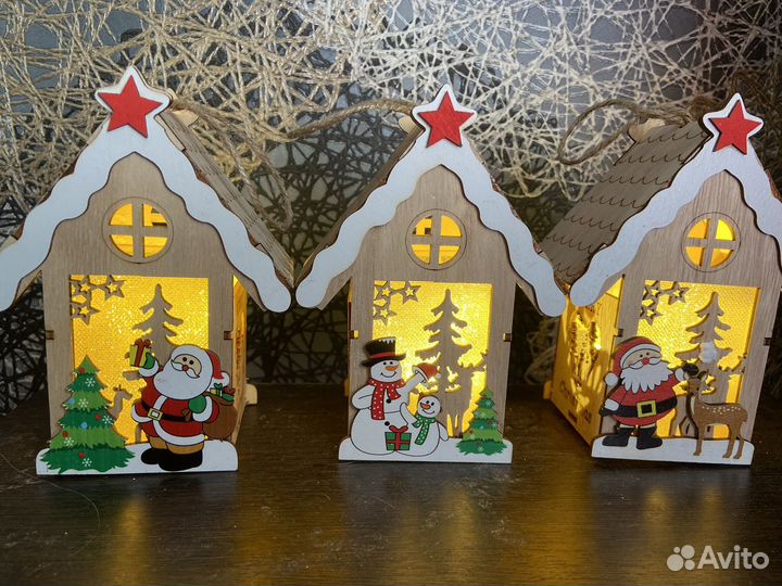 Деревянные светильники домики на елку игрушки