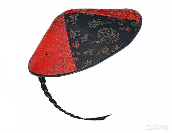 Шляпа китайская красно-черная с косичкой