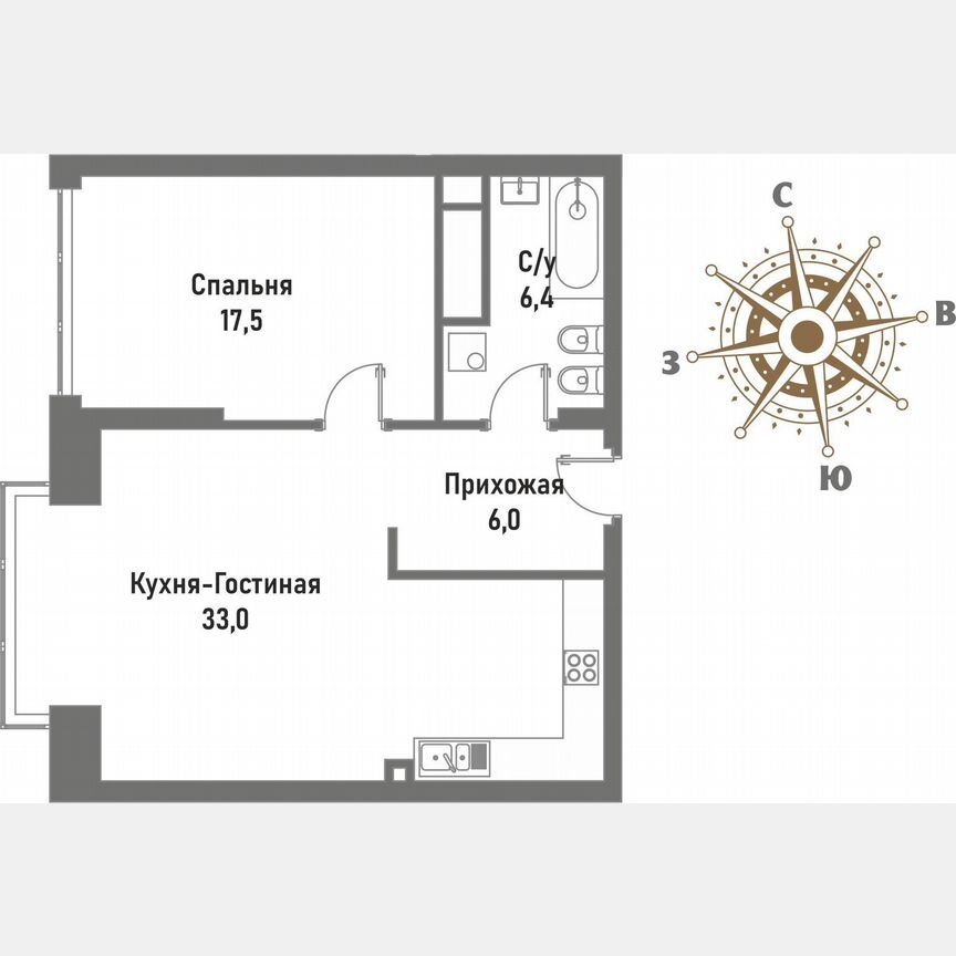 1-к. квартира, 62,9 м², 13/15 эт.