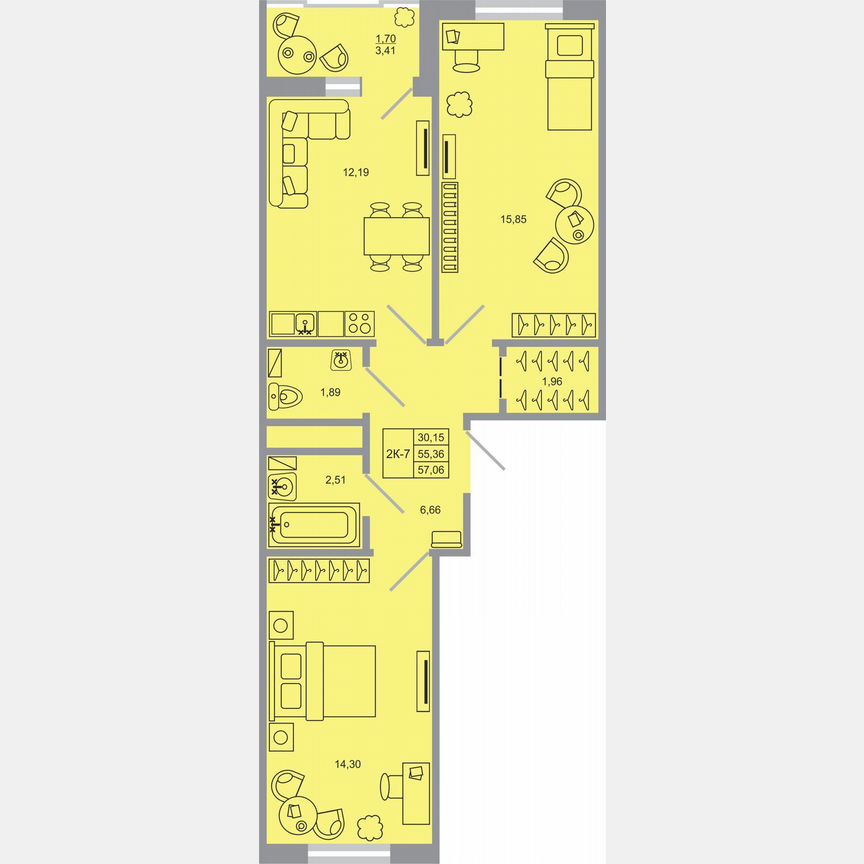 2-к. квартира, 57,1 м², 17/17 эт.