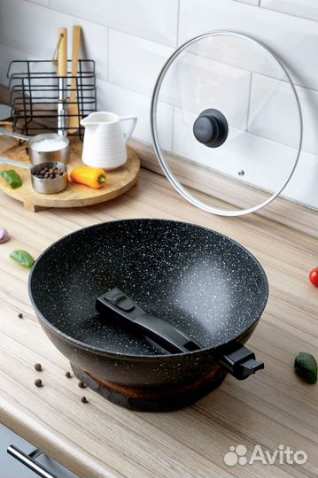 Сковорода вок 28 см с крышкой и съемной ручкой
