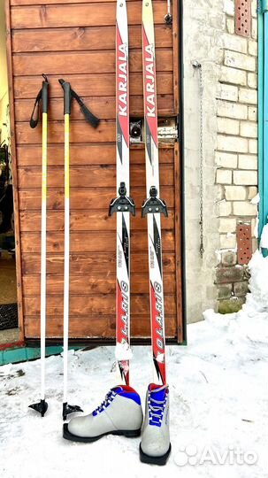 Лыжи пластик 160см, палки 126см, ботинки 34р-р