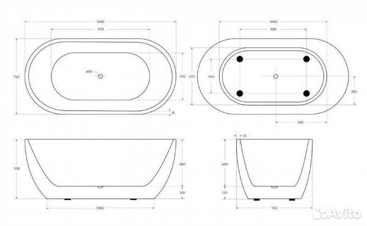 Ванна акриловая отдельностоящая belbagno BB70-1500