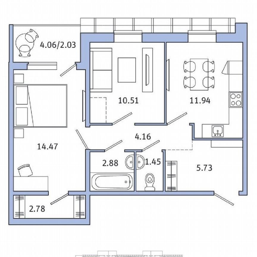 2-к. квартира, 53,3 м², 5/5 эт.