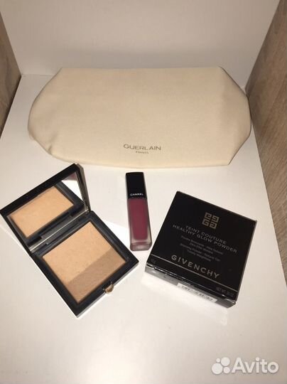 Chanel помада, пудра Givenchy, косметичка Guerlain