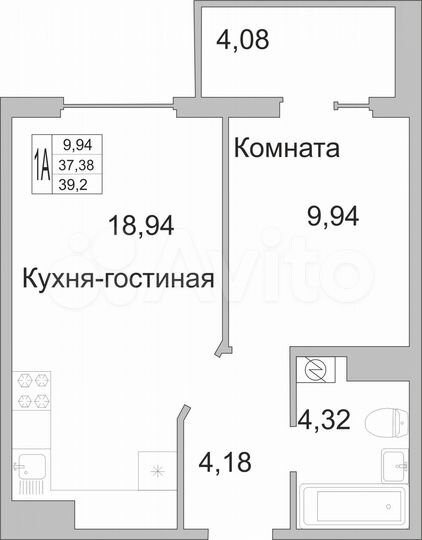 1-к. квартира, 39 м², 2/9 эт.