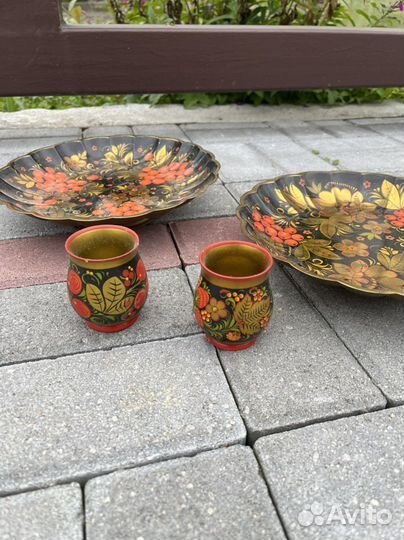 Тарелка, 2 бокала хохлома, ложка хохлома