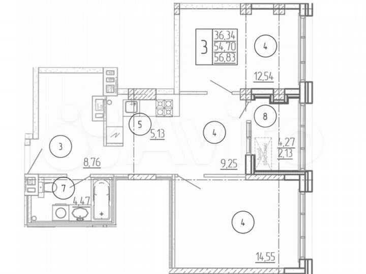 2-к. квартира, 56,8 м², 9/22 эт.