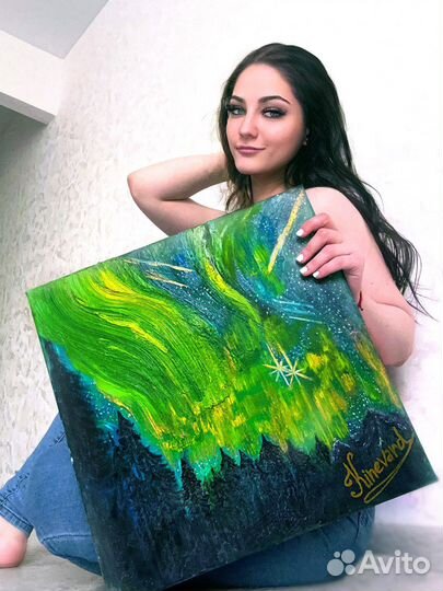 Картина маслом на холсте 40x40 «Северное сияние»