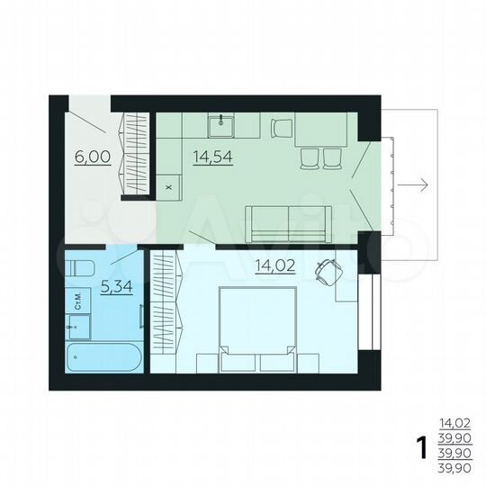 1-к. квартира, 39,9 м², 2/6 эт.