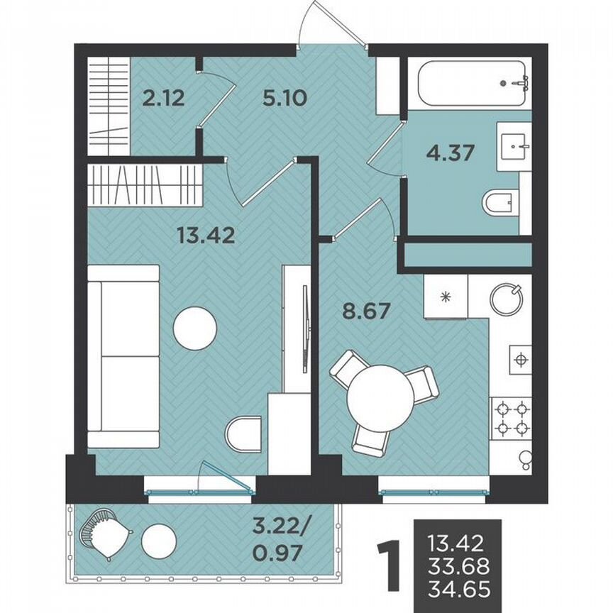 1-к. квартира, 34,7 м², 4/4 эт.