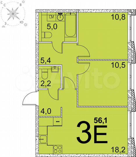 2-к. квартира, 56,1 м², 14/25 эт.