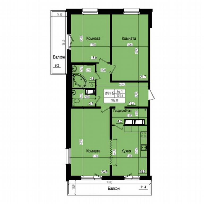 3-к. квартира, 109,8 м², 16/23 эт.