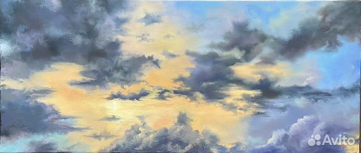 Картина маслом 35х80 см Небо на холсте
