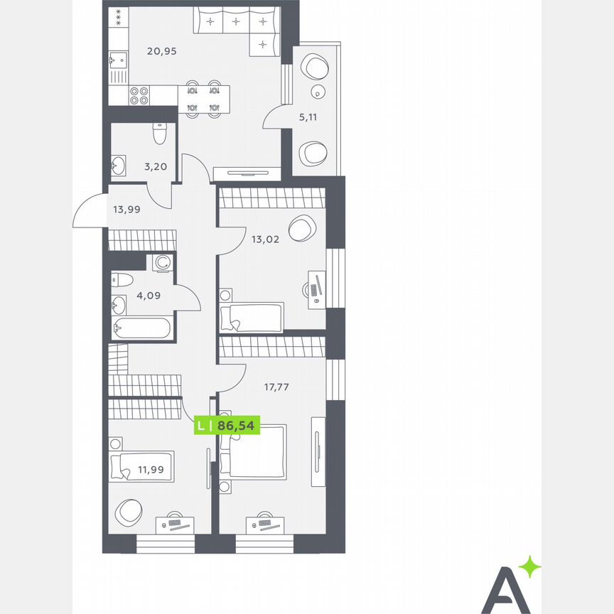 3-к. квартира, 86,5 м², 6/12 эт.