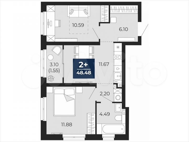 2-к. квартира, 48,5 м², 6/21 эт.