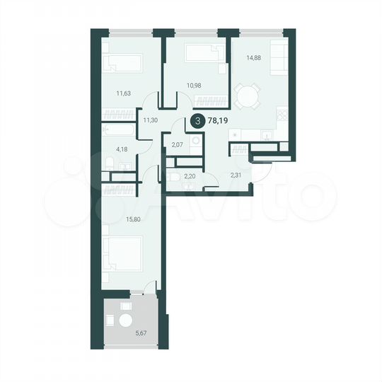 3-к. квартира, 78,2 м², 7/14 эт.