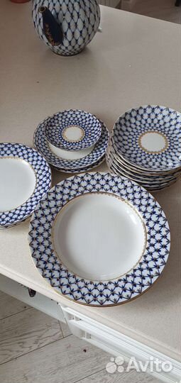 Тарелка кобальтовая сетка с золотом лфз