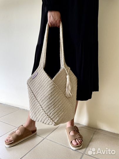 Cумка шопер бежевая, большая вязаная сумка