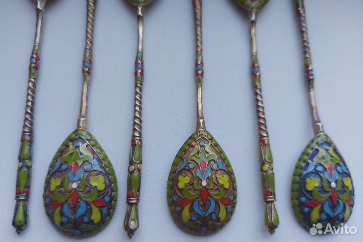 Серебряные ложки 84 позолота эмаль клеймо гб