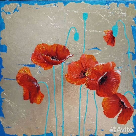 Картина маслом на холсте Красные маки и васильки