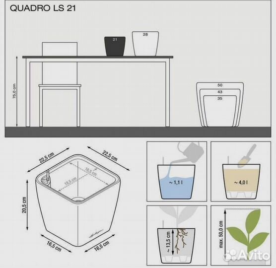 Кашпо с автополивом Lechuza quadro Premium 21 LS