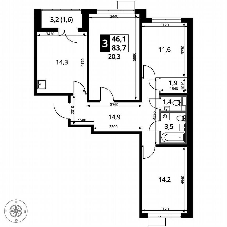 3-к. квартира, 83,7 м², 6/9 эт.