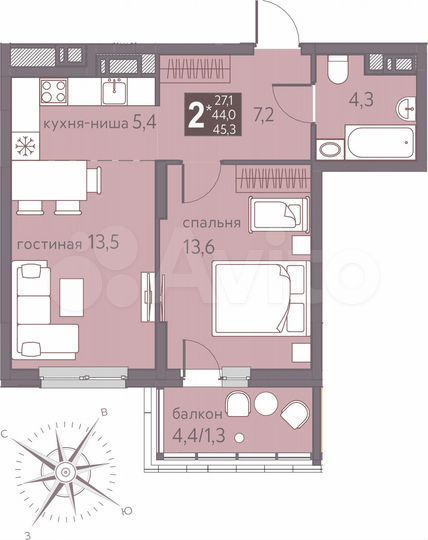 2-к. квартира, 45,3 м², 12/16 эт.