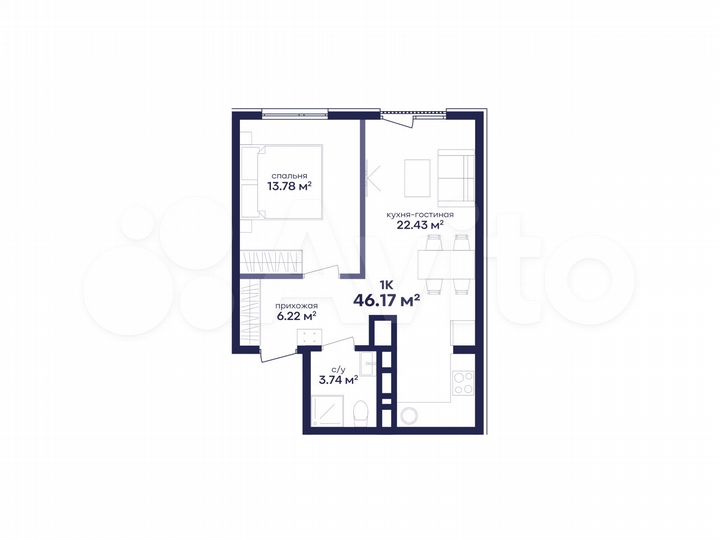 1-к. квартира, 46,2 м², 7/8 эт.
