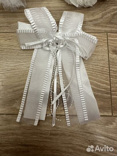 Белые школьные Бантики и тканевый ободок с цветами