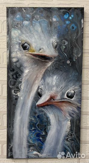 Картина веселые страусы, масло, холст 30:60