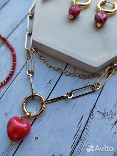 Серьги трансформеры, колье и цепь позолота