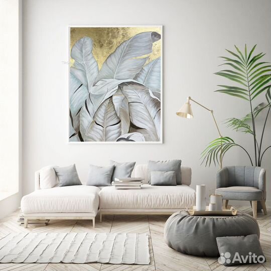 Картина маслом на холсте «Листья на золоте