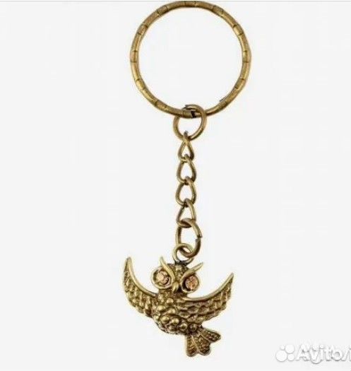 Брелок Совушка летящая латунь/янтарь ручная работа