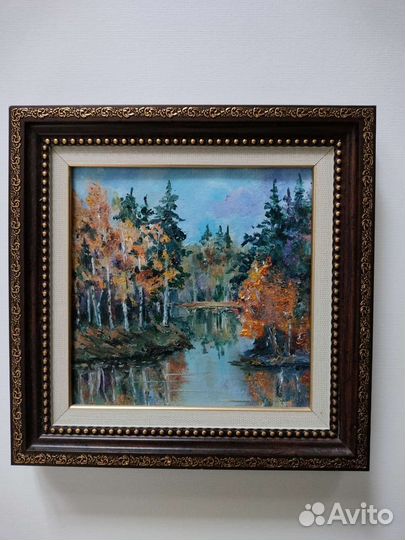Квадратная картина в раме пейзаж лес. Масло