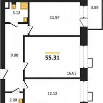 2-к. квартира, 55,3 м², 4/10 эт.