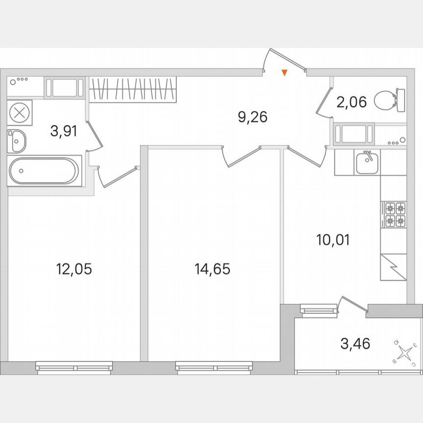 2-к. квартира, 53,7 м², 3/8 эт.