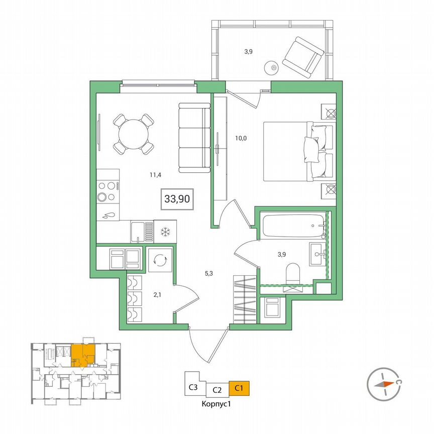 1-к. квартира, 33,9 м², 3/12 эт.