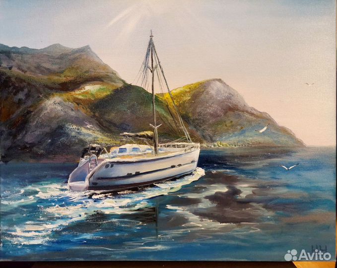 Картина маслом на холсте лодка, горы, море, яхта