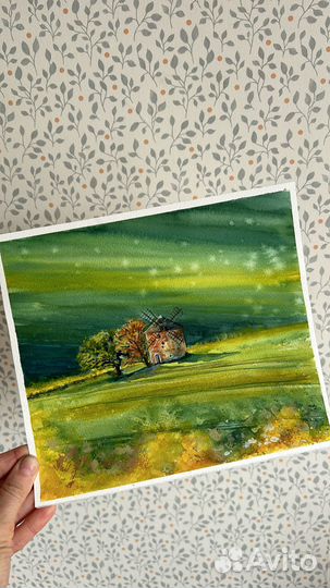 Картина акварелью пейзаж мельница