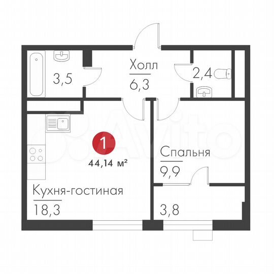 1-к. квартира, 44,1 м², 17/19 эт.