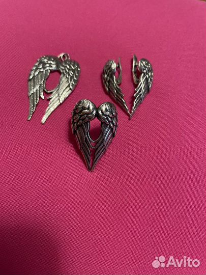 Комплект кольцо серьги подвеска крылья