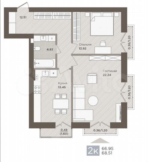 2-к. квартира, 69,1 м², 6/7 эт.