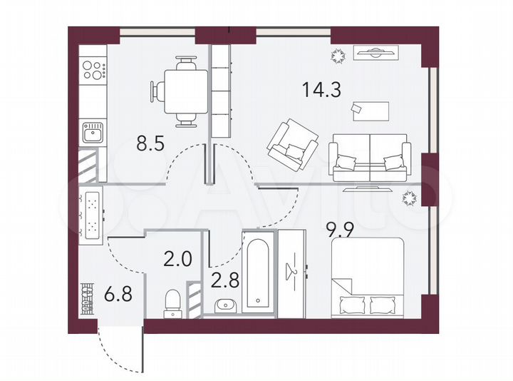 2-к. квартира, 44,3 м², 6/15 эт.